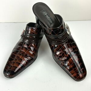Brighton Italy Tudor Mules Brown Croc Print Patent Leather Silver Buckle Size 9N